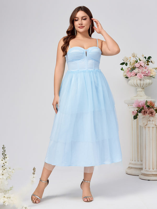 Plus Size A-Line Midi Dress with Bustier Bodice and Mesh Skirt