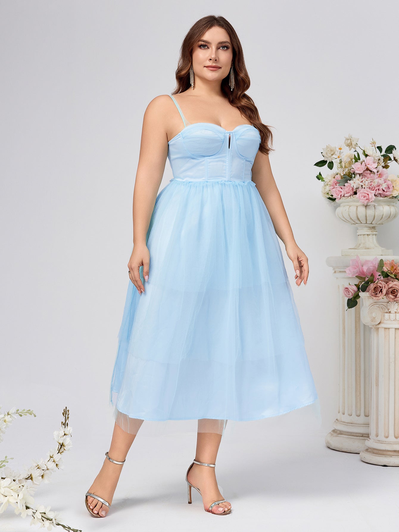 Plus Size A-Line Midi Dress with Bustier Bodice and Mesh Skirt
