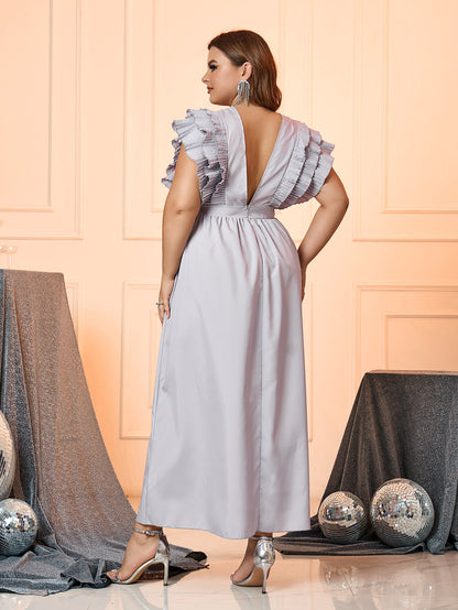 Solid Maxi Dress with Ruffled Sleeves and Deep V-Neck & Back