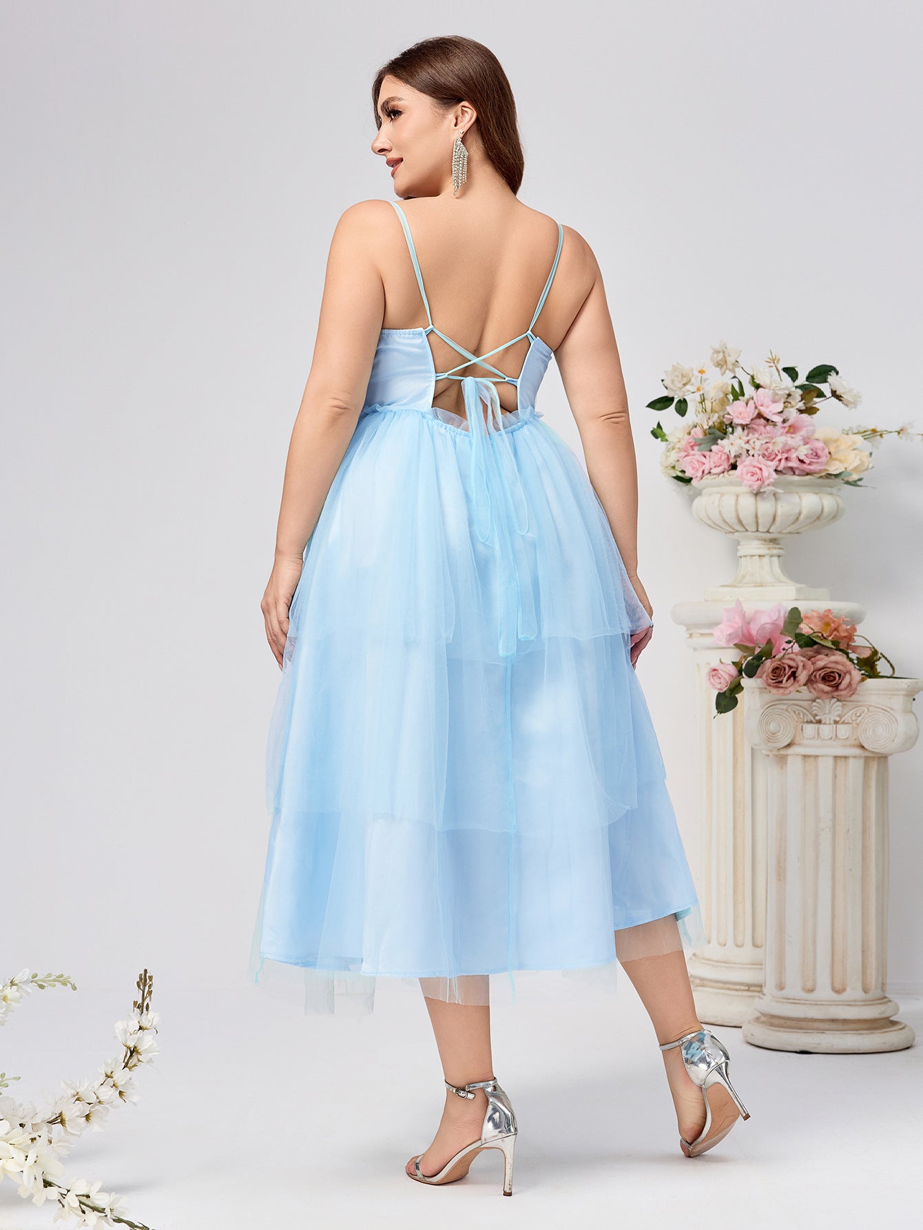 Plus Size A-Line Midi Dress with Bustier Bodice and Mesh Skirt