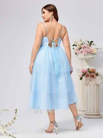Plus Size A-Line Midi Dress with Bustier Bodice and Mesh Skirt
