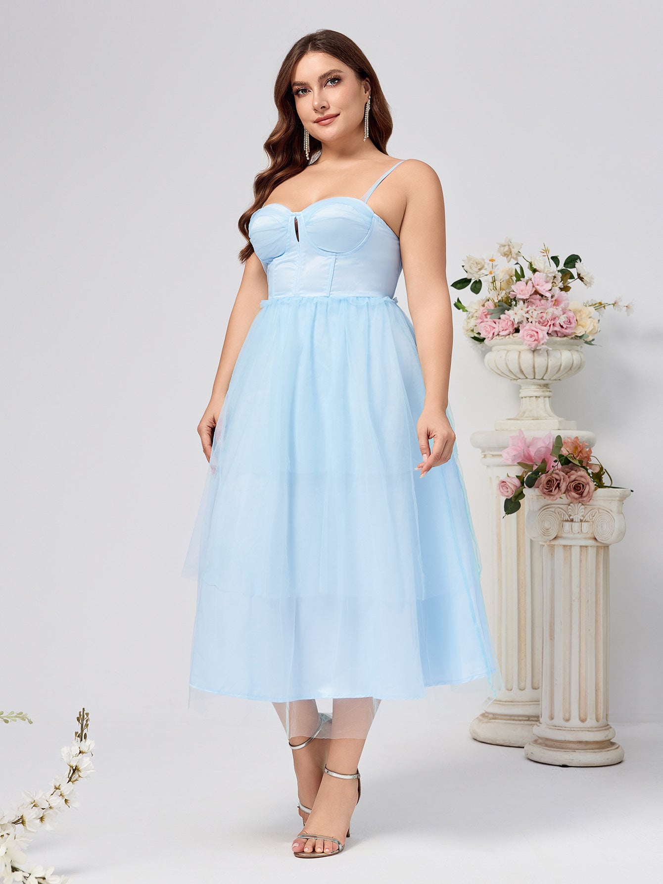 Plus Size A-Line Midi Dress with Bustier Bodice and Mesh Skirt