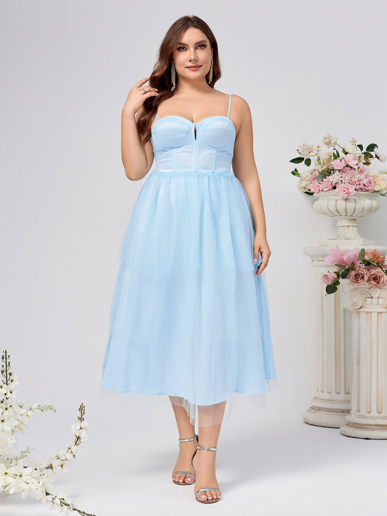 Plus Size A-Line Midi Dress with Bustier Bodice and Mesh Skirt