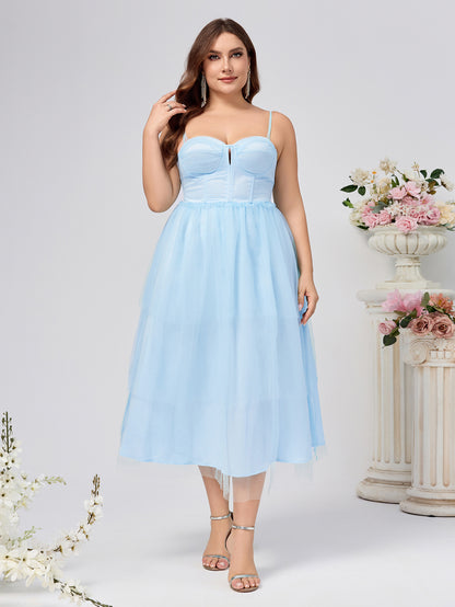 Plus Size A-Line Midi Dress with Bustier Bodice and Mesh Skirt
