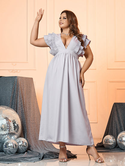 Solid Maxi Dress with Ruffled Sleeves and Deep V-Neck & Back