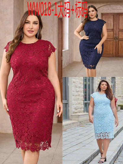 Plus Size Lace Pencil Dress with Cap Sleeves