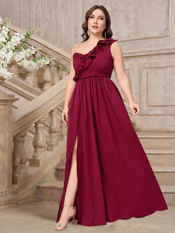 Plus Size Chiffon Maxi Dress with One-Shoulder Ruffle and Slit