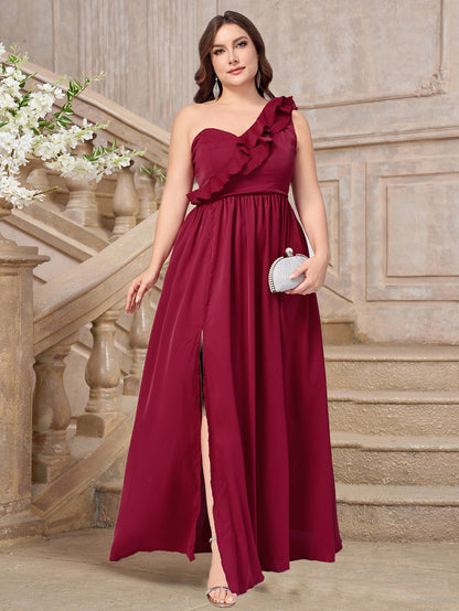 Plus Size Chiffon Maxi Dress with One-Shoulder Ruffle and Slit