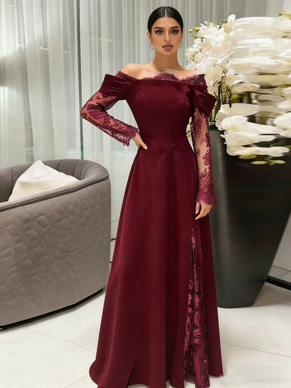 A-Line Maxi Dress with Off-Shoulder, Lace Sleeves, and Slit