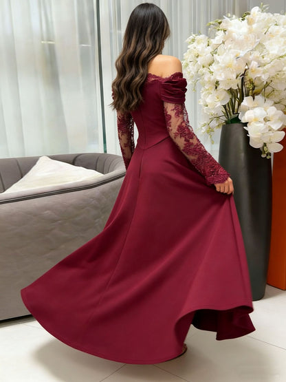 A-Line Maxi Dress with Off-Shoulder, Lace Sleeves, and Slit