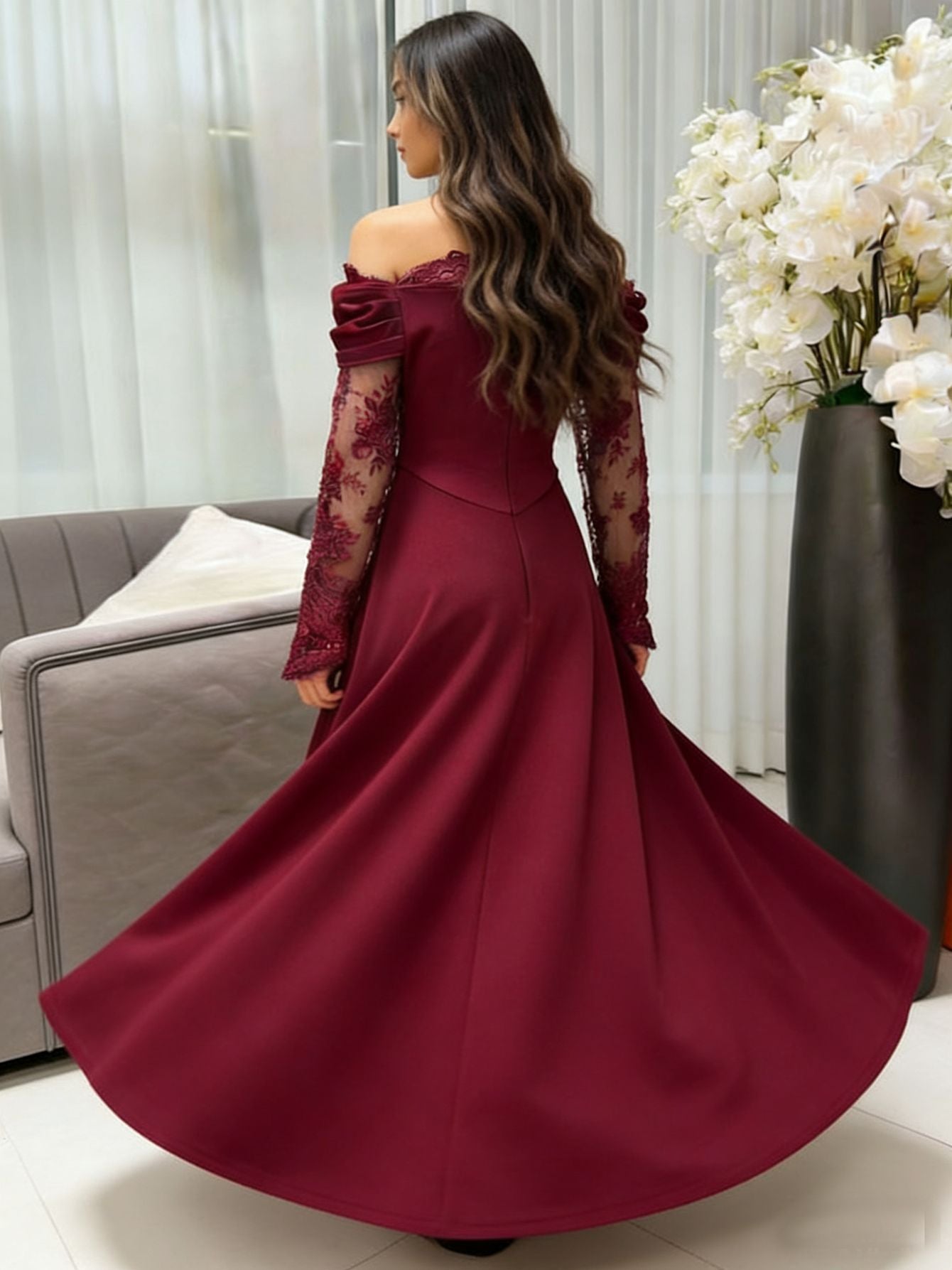 A-Line Maxi Dress with Off-Shoulder, Lace Sleeves, and Slit