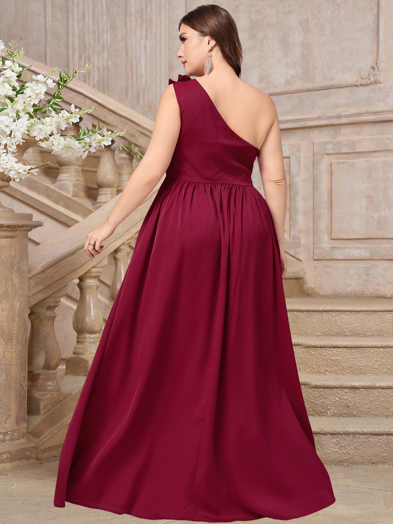 Plus Size Chiffon Maxi Dress with One-Shoulder Ruffle and Slit