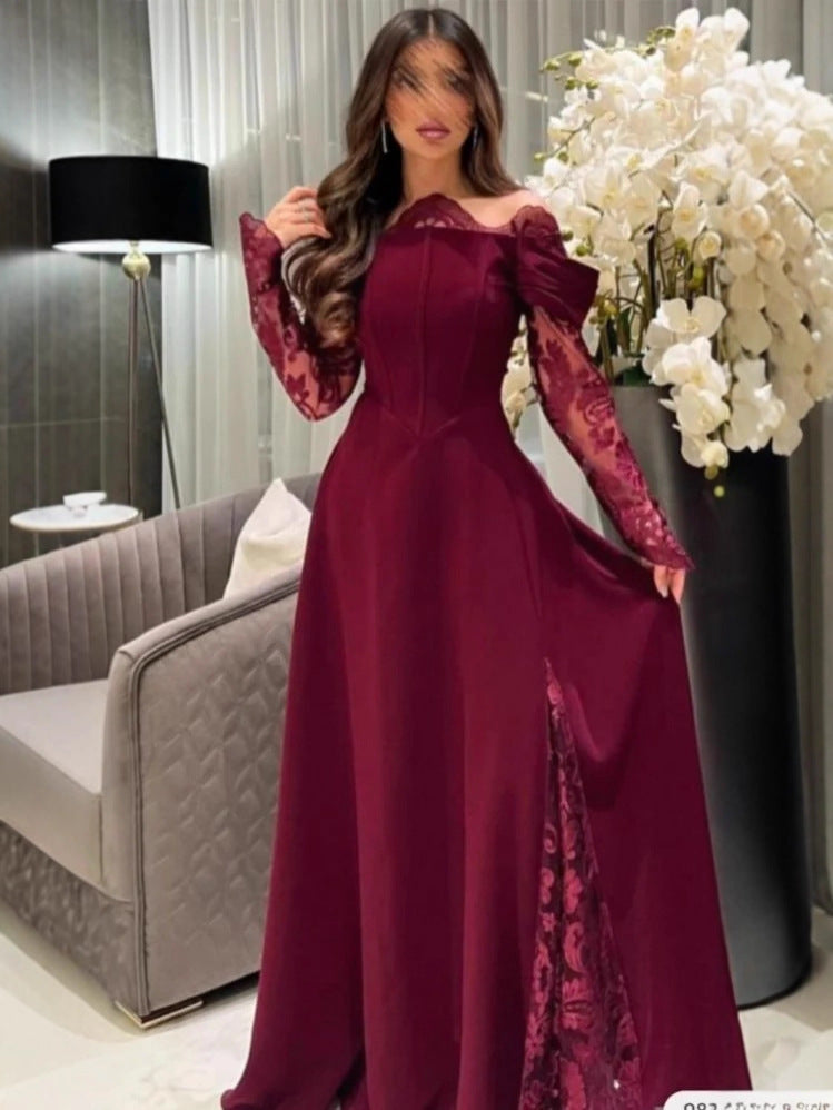 A-Line Maxi Dress with Off-Shoulder and Lace Slit