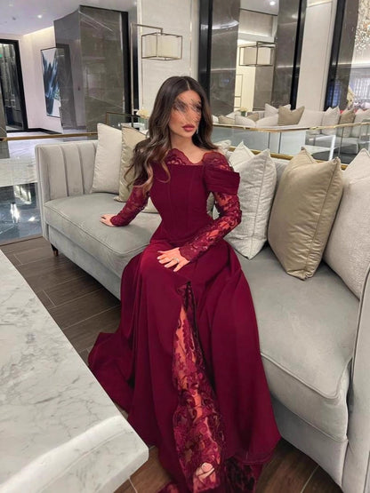 A-Line Maxi Dress with Off-Shoulder and Lace Slit
