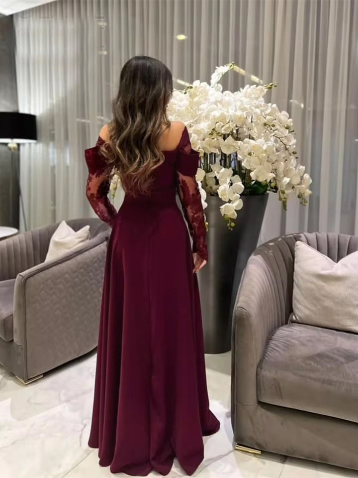 A-Line Maxi Dress with Off-Shoulder and Lace Slit