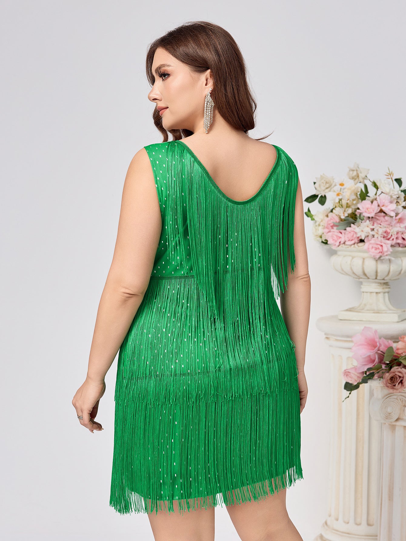 Sleeveless Fringe Mini Dress with Deep V-Neck
