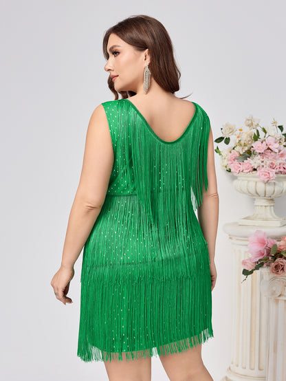 Sleeveless Fringe Mini Dress with Deep V-Neck