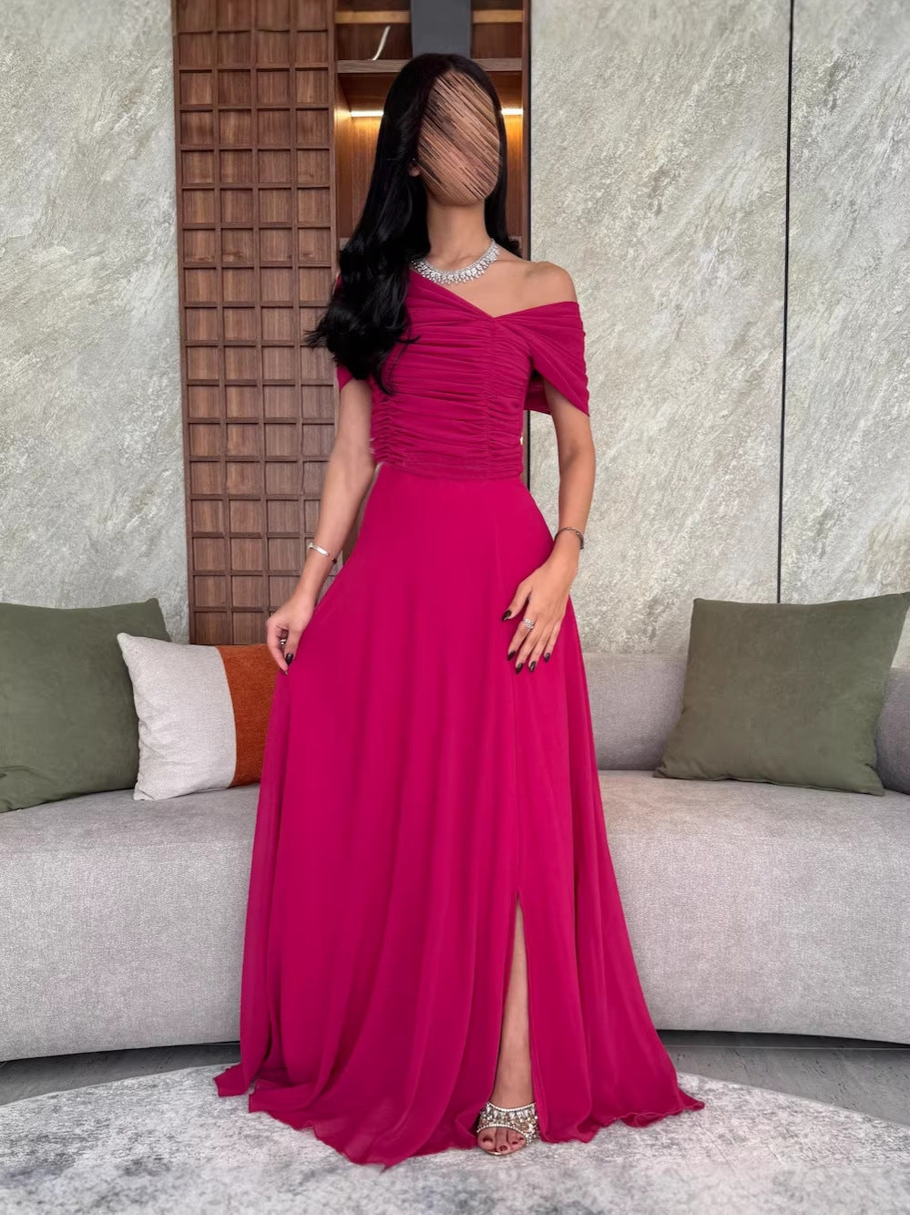 A-Line Maxi Dress with Off-Shoulder Ruched Bodice and Slit