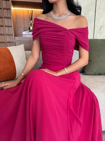 A-Line Maxi Dress with Off-Shoulder Ruched Bodice and Slit