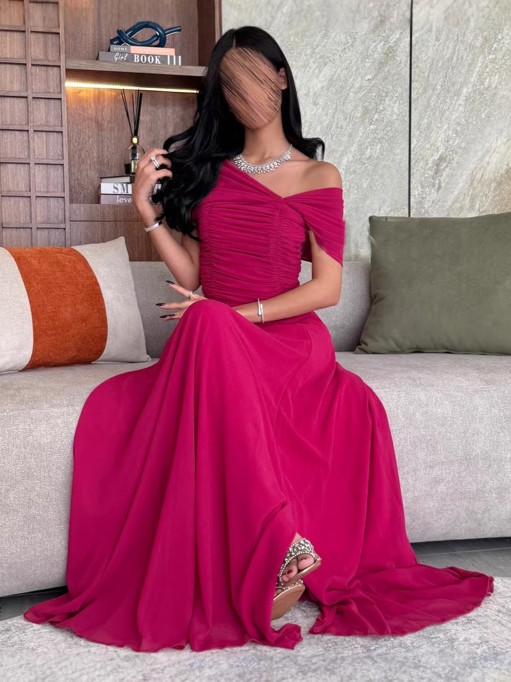 A-Line Maxi Dress with Off-Shoulder Ruched Bodice and Slit