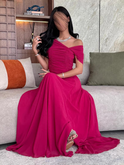 A-Line Maxi Dress with Off-Shoulder Ruched Bodice and Slit