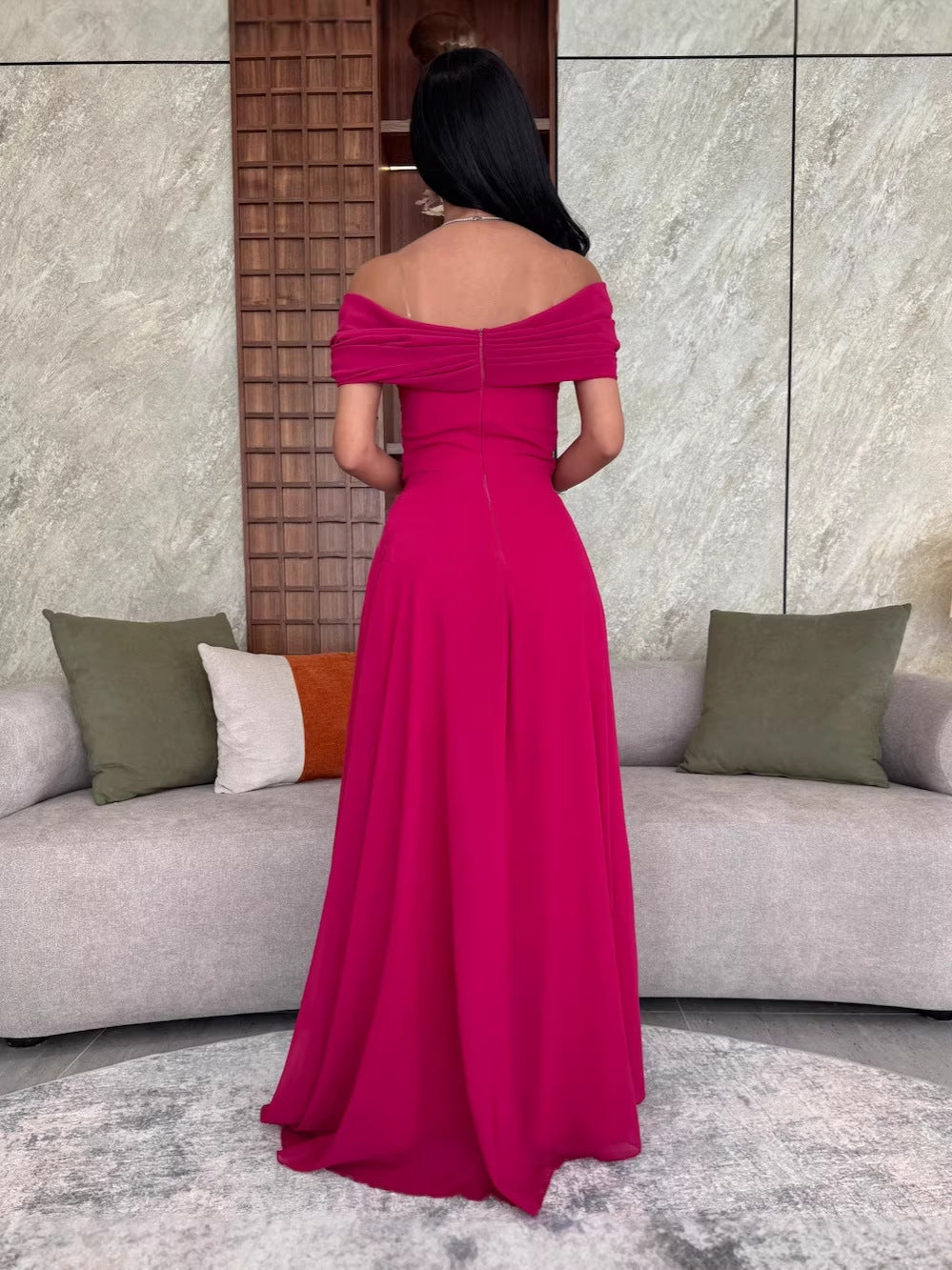 A-Line Maxi Dress with Off-Shoulder Ruched Bodice and Slit