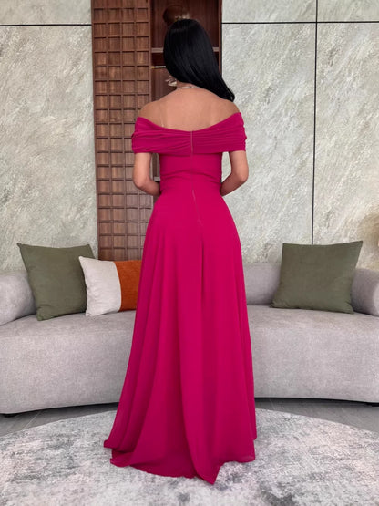 A-Line Maxi Dress with Off-Shoulder Ruched Bodice and Slit