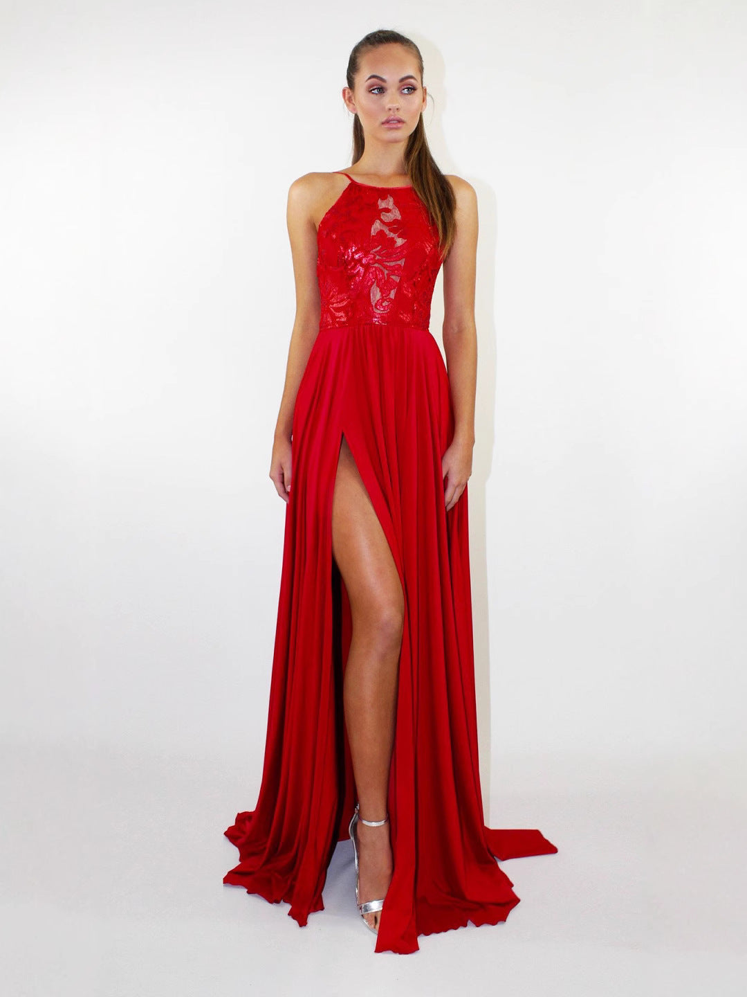 Maxi Dress with Lace Bodice and High Slit
