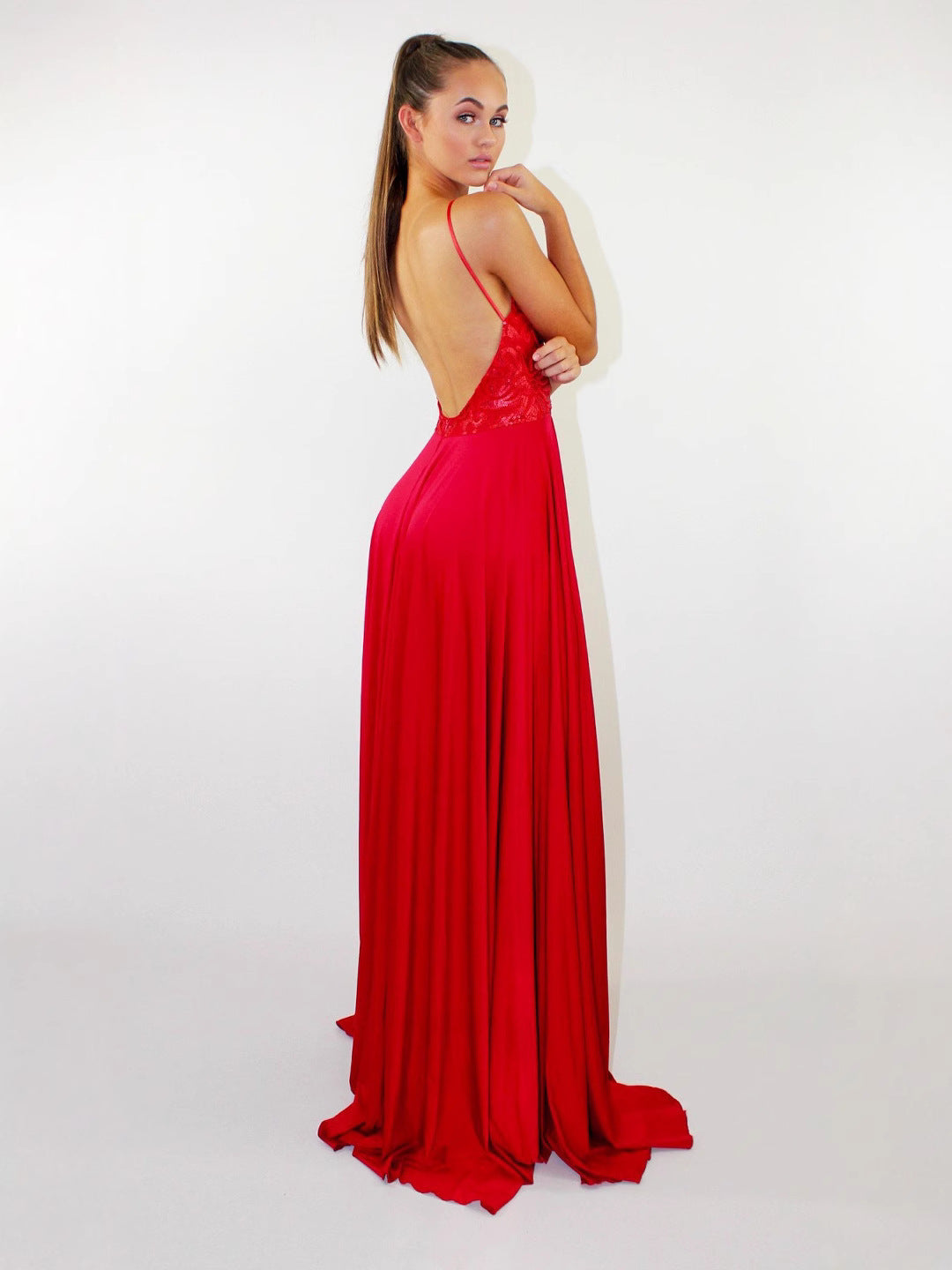 Maxi Dress with Lace Bodice and High Slit
