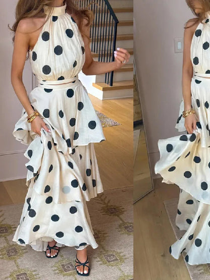 Polka Dot Halter Crop Top and Tiered Maxi Skirt Set