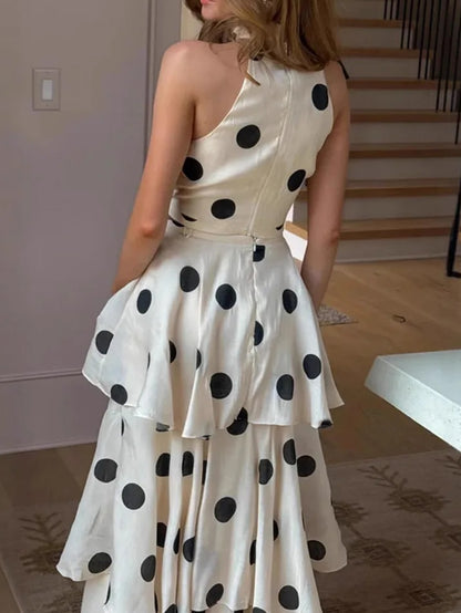Polka Dot Halter Crop Top and Tiered Maxi Skirt Set