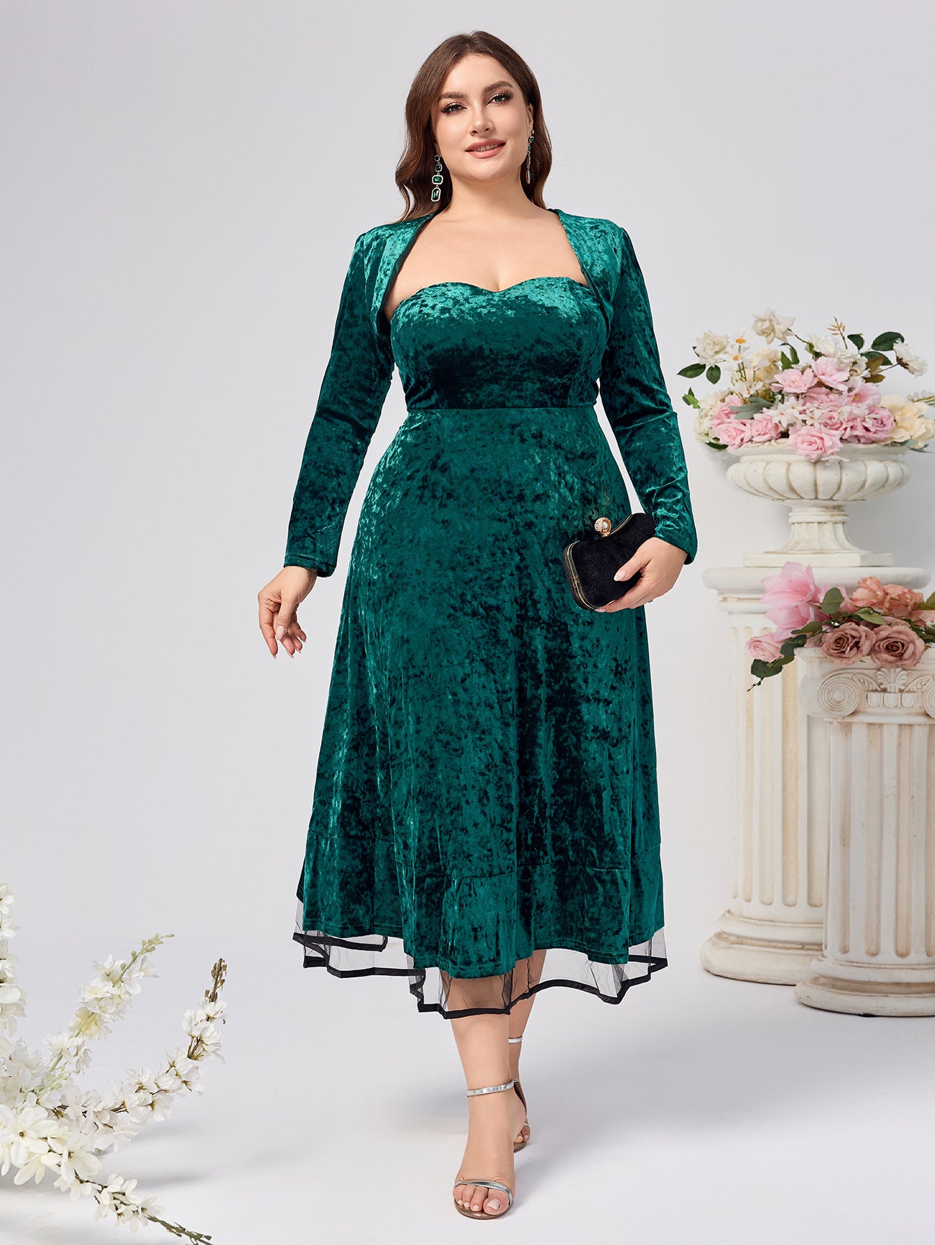 A-Line Crushed Velvet Midi Dress with Bolero Jacket