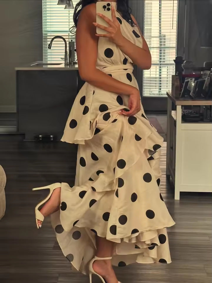 Polka Dot Halter Crop Top and Tiered Maxi Skirt Set