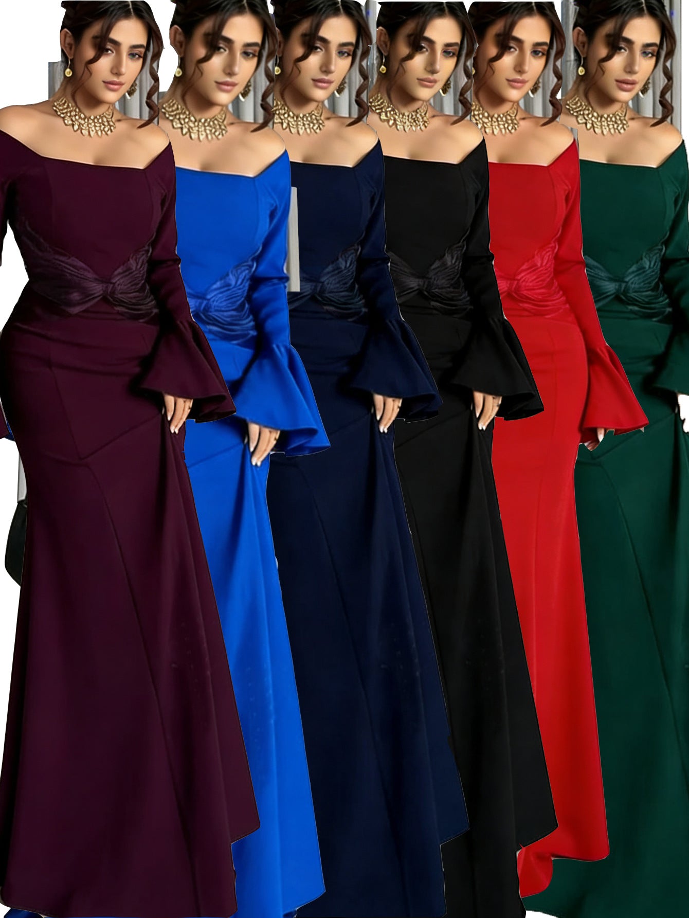 Sheath Maxi Dress with Off-Shoulder & Trumpet Sleeves