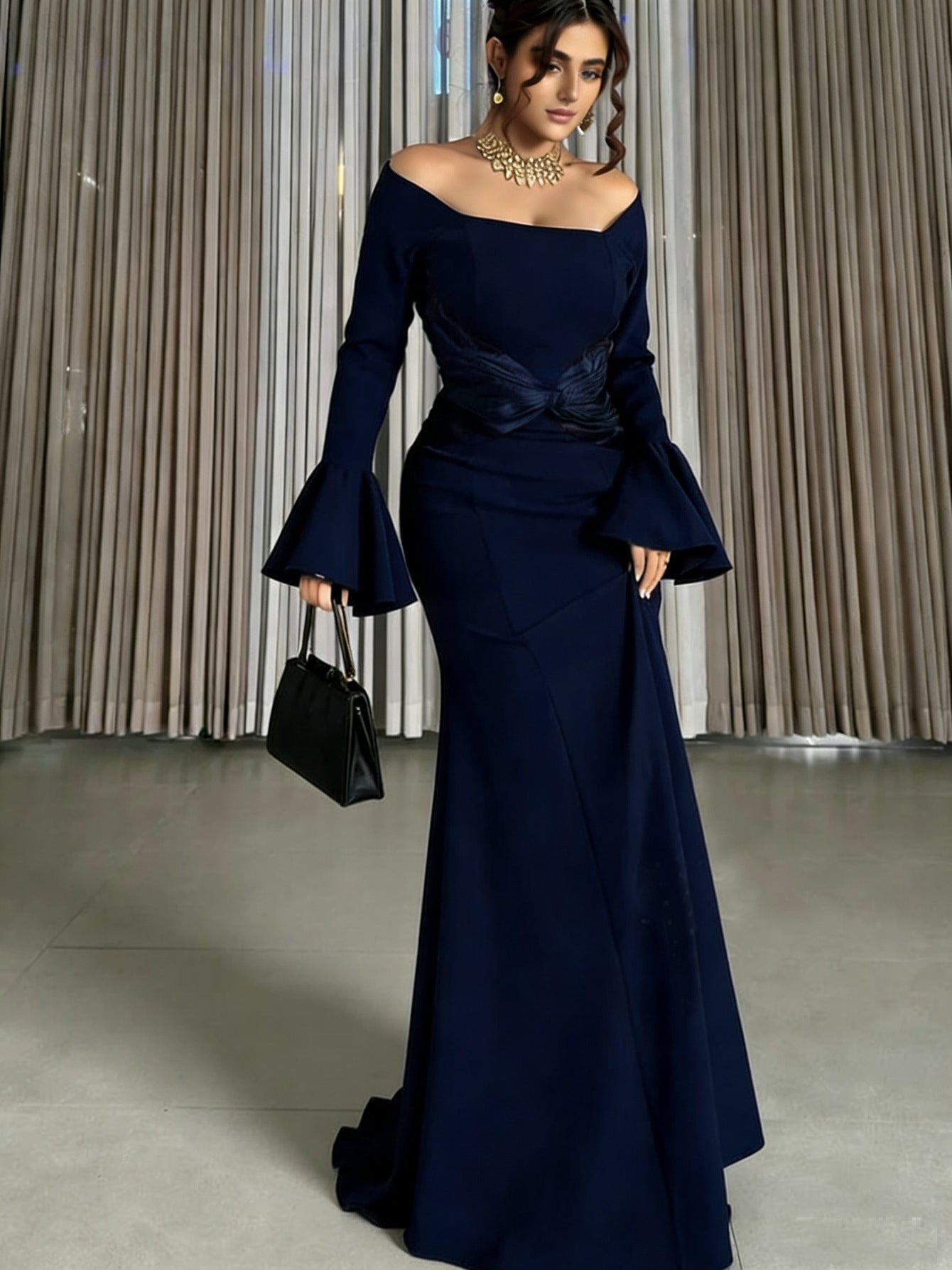 Sheath Maxi Dress with Off-Shoulder & Trumpet Sleeves