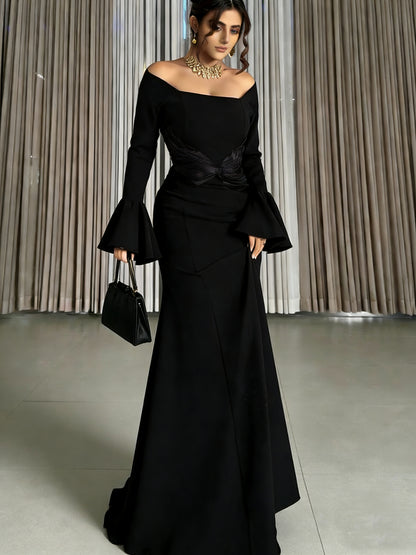 Sheath Maxi Dress with Off-Shoulder & Trumpet Sleeves