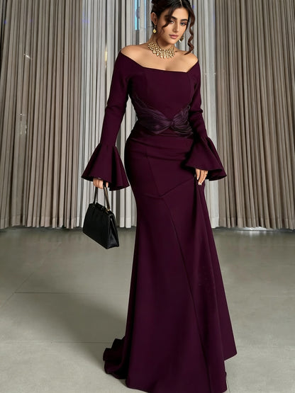 Sheath Maxi Dress with Off-Shoulder & Trumpet Sleeves