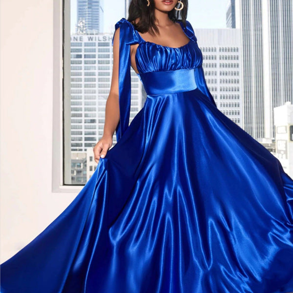 Flowing Satin Maxi Dress with Tie-Shoulder Straps and Ruched Bust