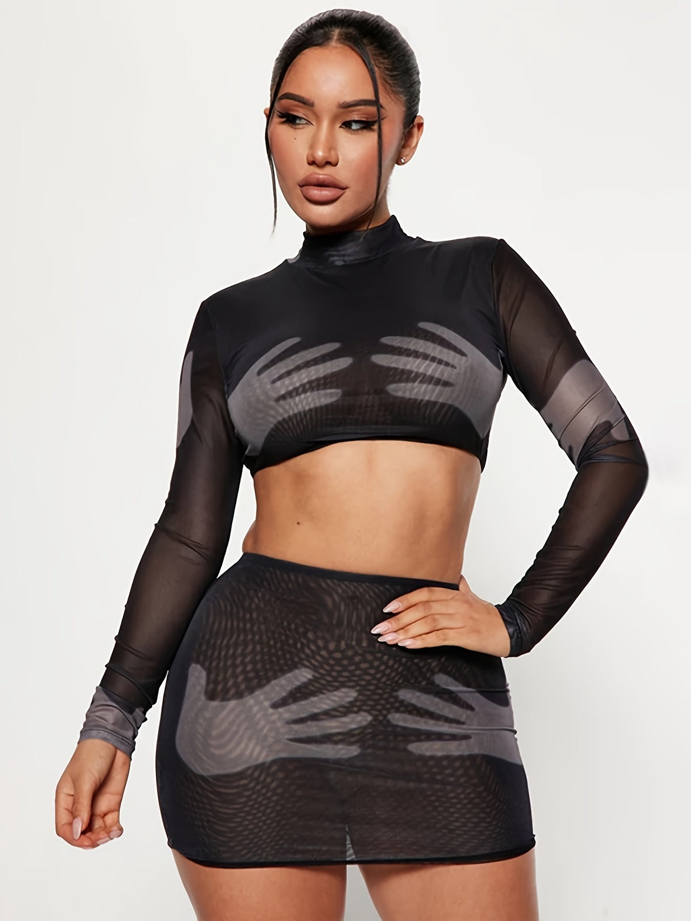 Palm Print Mesh Skirt Set with Cropped Top and Mini Skirt