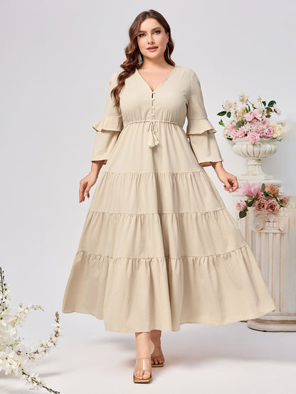 Tiered Maxi Dress with V-Neck and Ruffle Sleeves