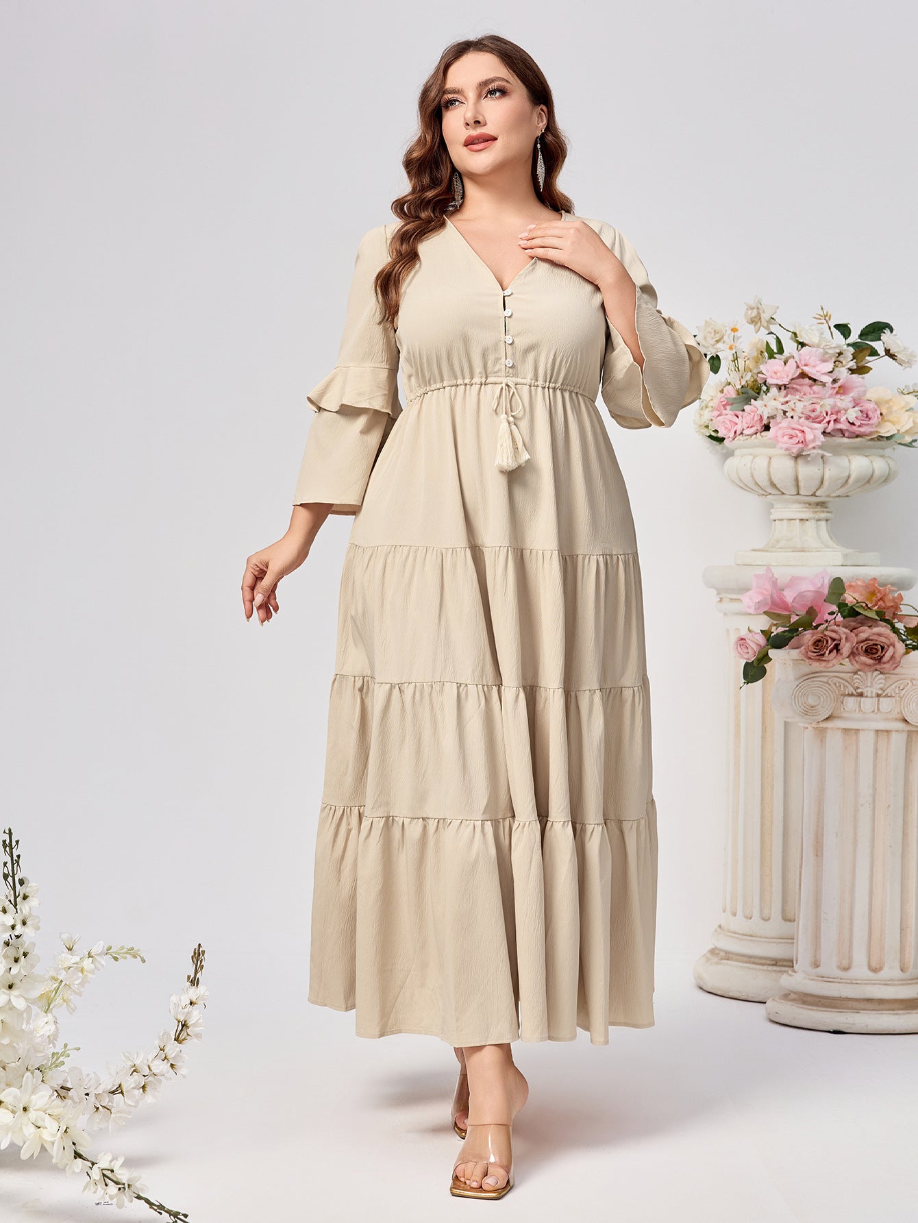 Tiered Maxi Dress with V-Neck and Ruffle Sleeves