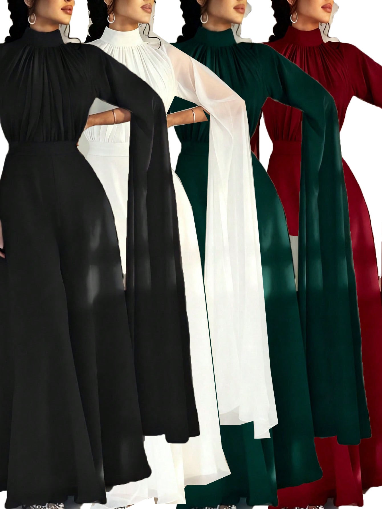 Pleated Wide Leg Jumpsuit with High Neck and Cape Sleeves