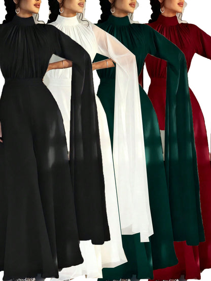 Pleated Wide Leg Jumpsuit with High Neck and Cape Sleeves