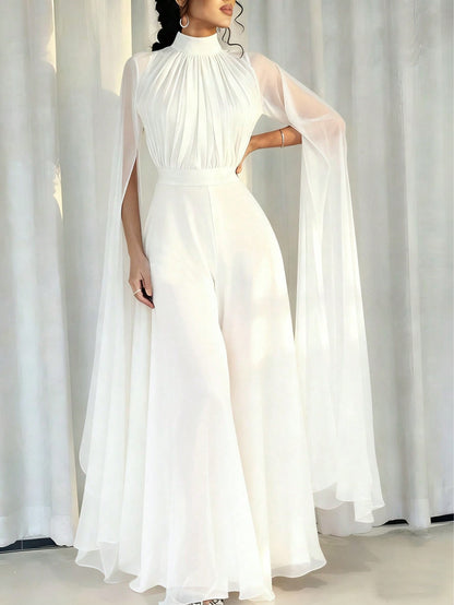 Pleated Wide Leg Jumpsuit with High Neck and Cape Sleeves