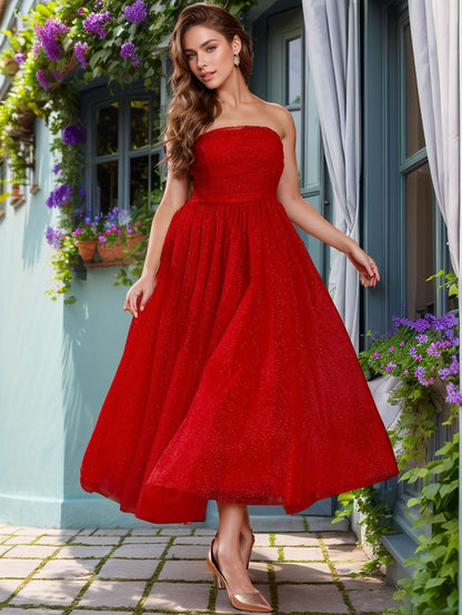 Red A-Line Midi Dress with Strapless Top and Glitter Mesh
