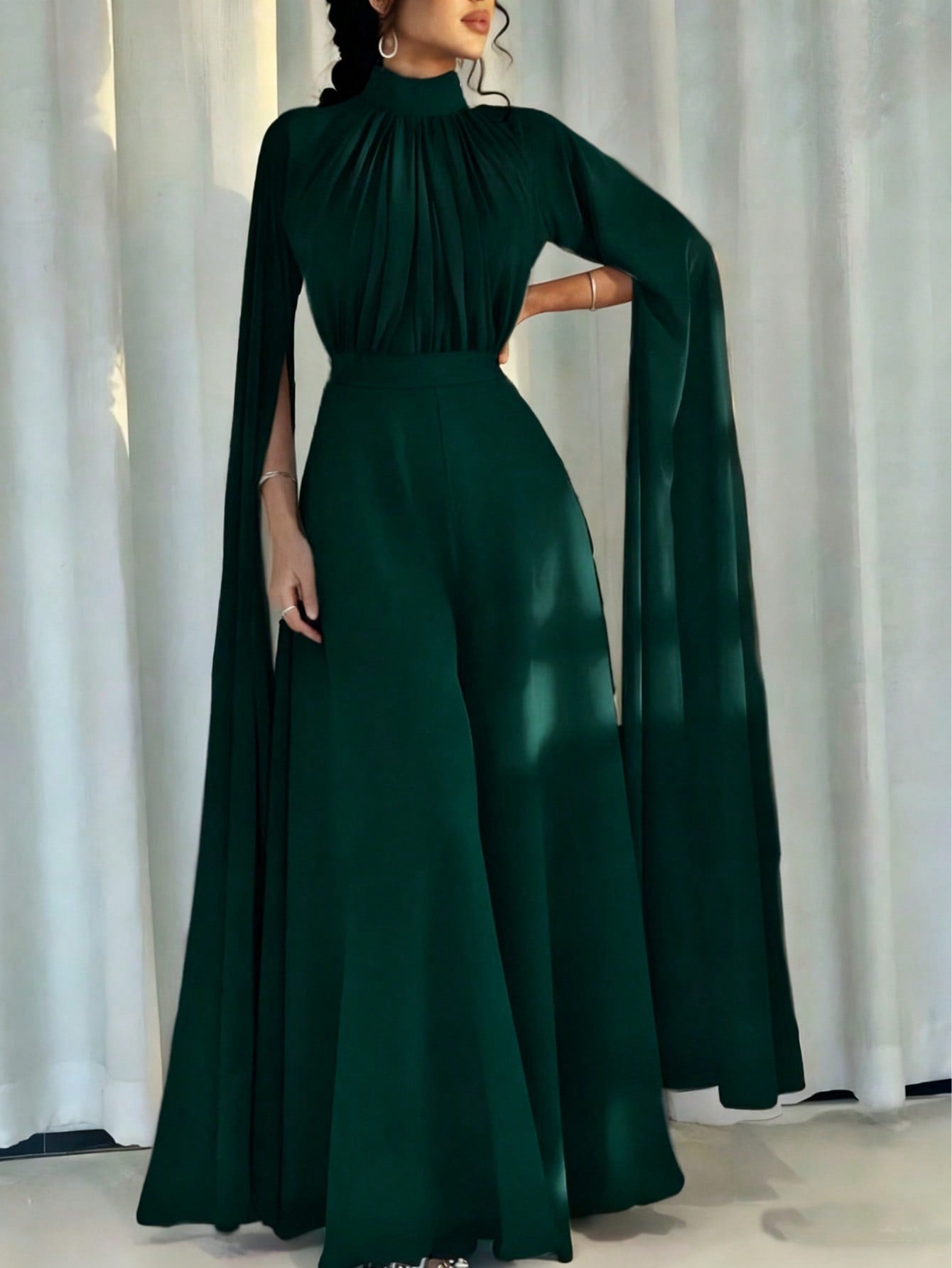 Pleated Wide Leg Jumpsuit with High Neck and Cape Sleeves