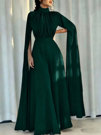 Pleated Wide Leg Jumpsuit with High Neck and Cape Sleeves