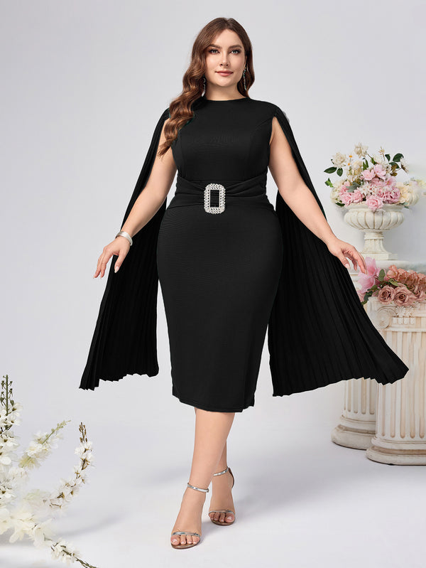 Solid Bodycon Midi Dress with Pleated Cape