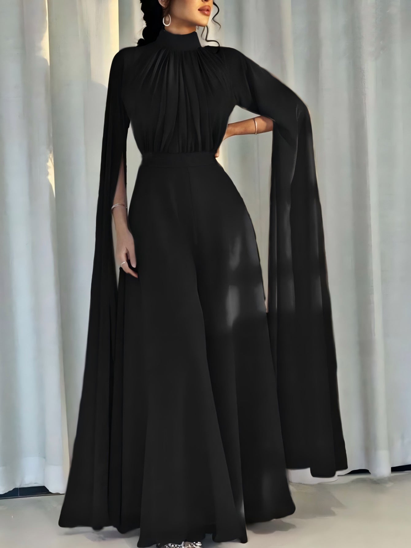 Pleated Wide Leg Jumpsuit with High Neck and Cape Sleeves