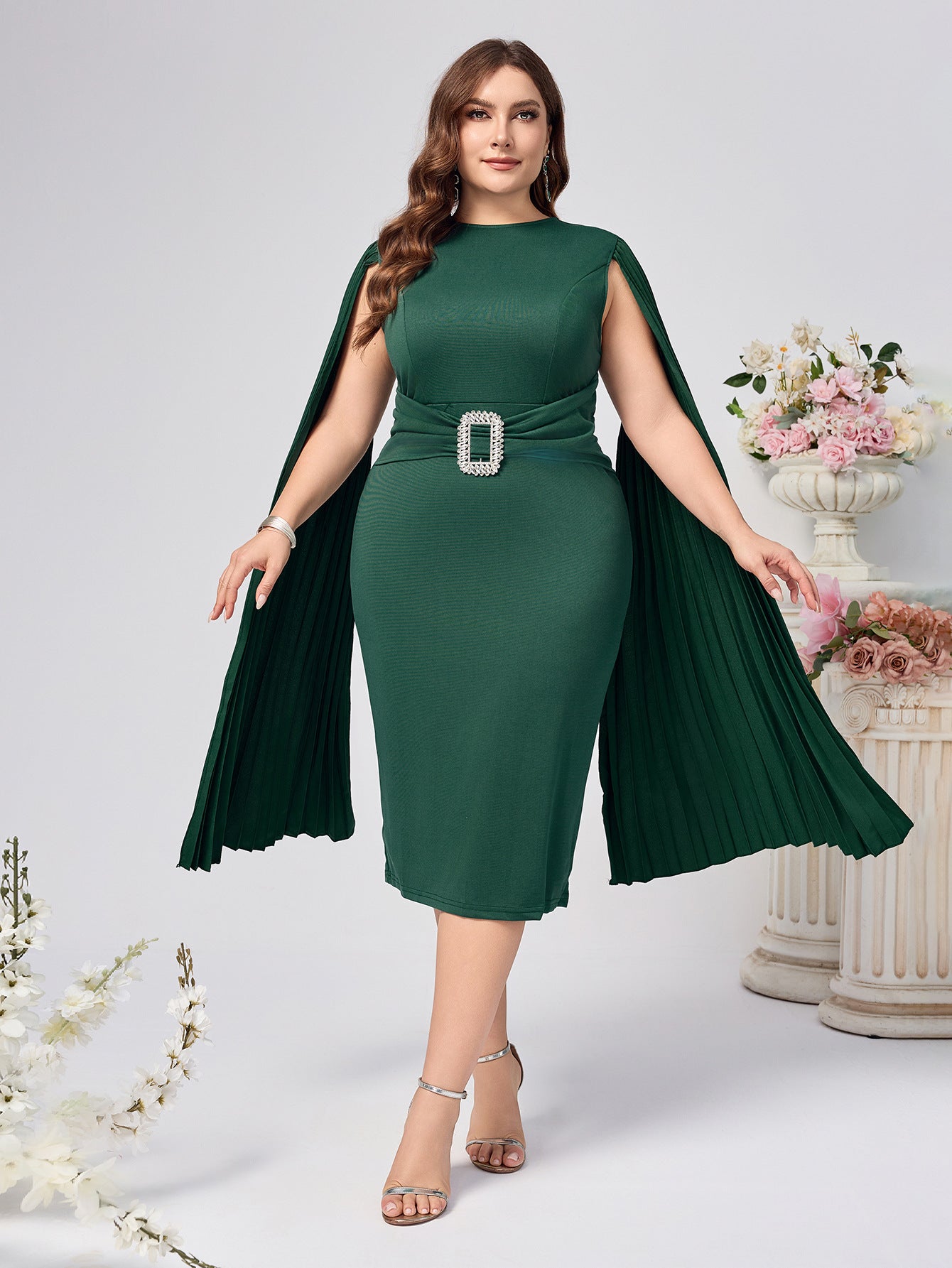 Solid Bodycon Midi Dress with Pleated Cape
